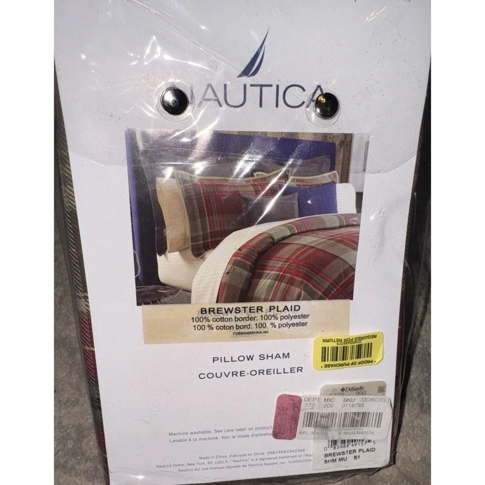 1 Nautica European Standard Pillow Sham Red‎ Brown Brewster Plaid New